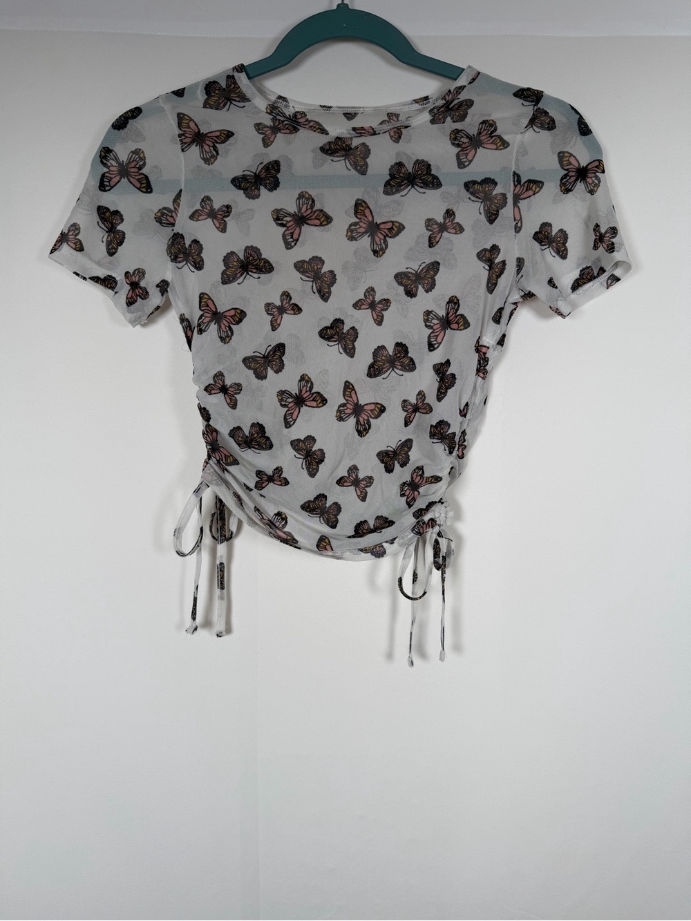 Sheer Mesh Layering White Butterfly Print Short Sleeve Top Ruched Side Ties